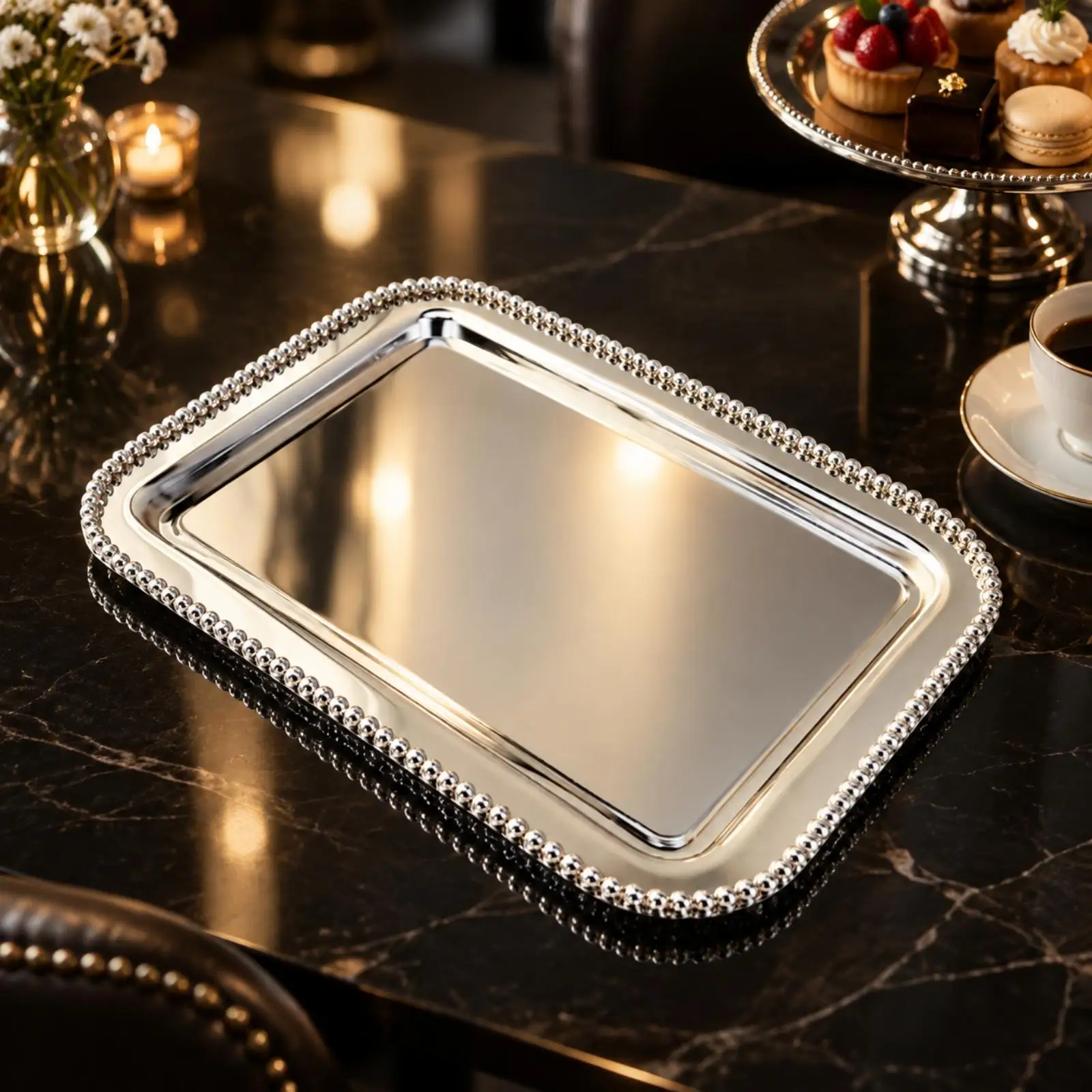Square Metal Serving Tray with Beaded Border Luxurious Polished Metal Serving Tray with Raised Rim Decorative Fancy