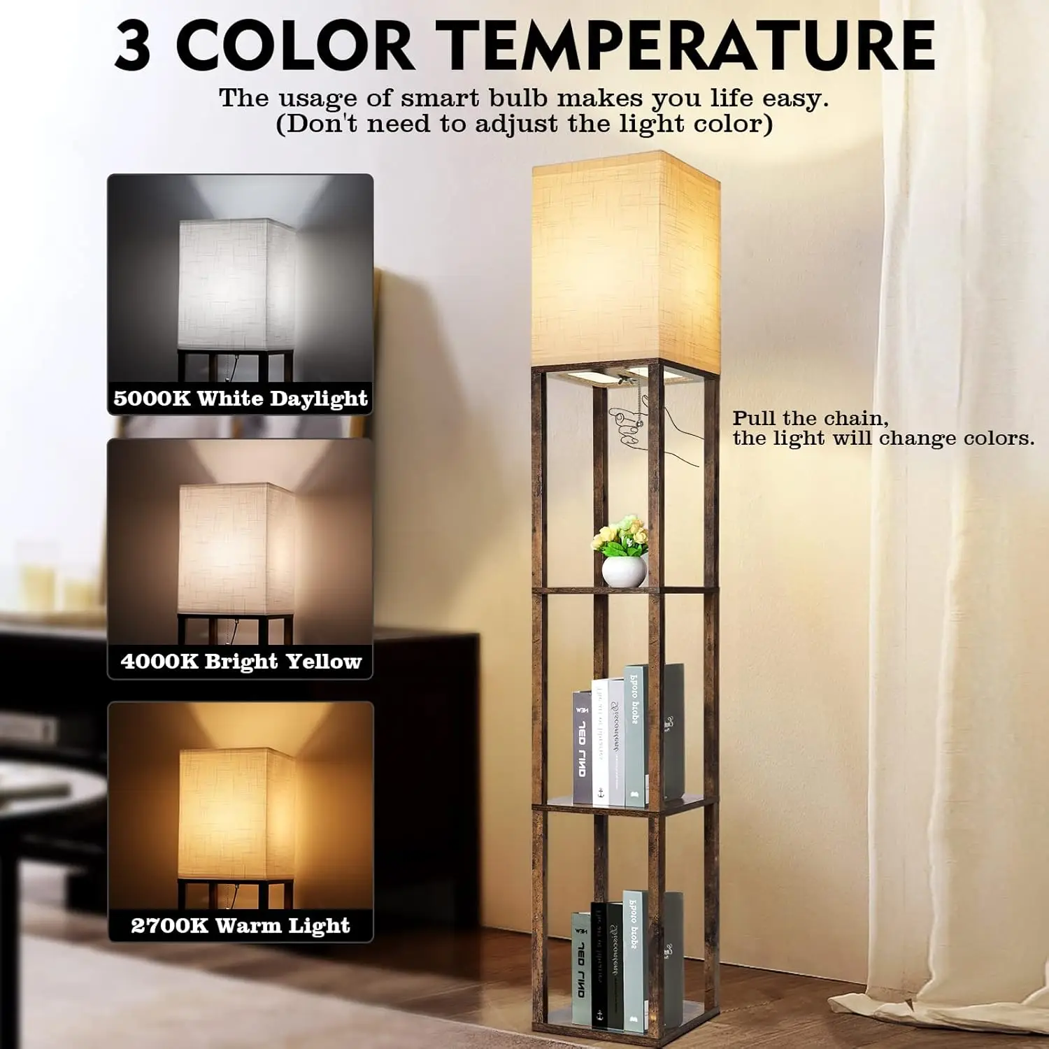 Runtop Floor Lamp With Shelves, Modern Shelf Lamp For Display Storage, 3 Color Temperature Wood Narrow Standing Corner Lamp