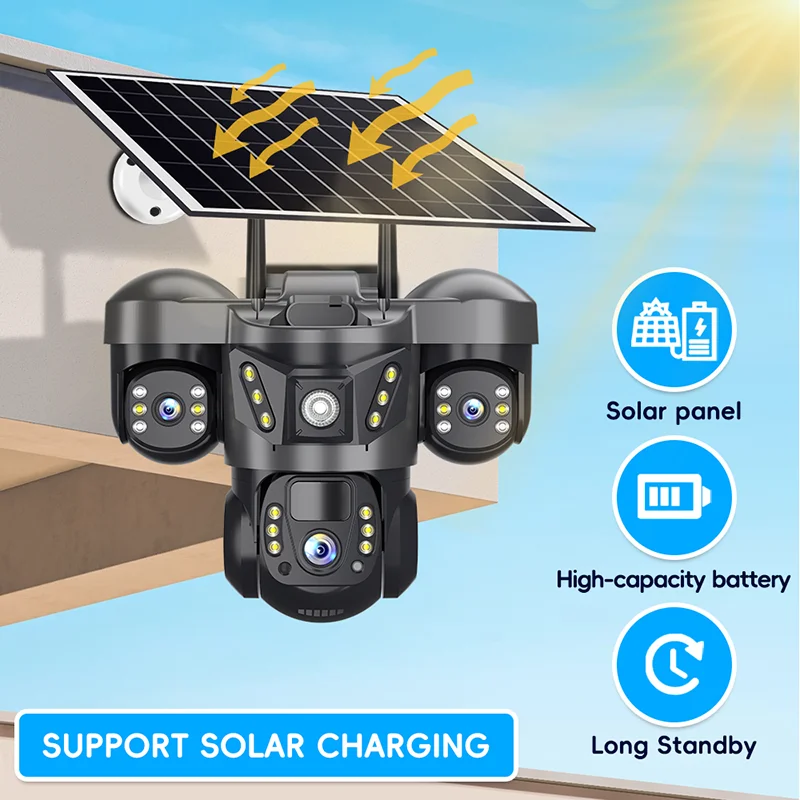 AIOOK Solar Camera 4 Lens HD 20MP 4G Camera 28000 MAh Battery Waterproof Night Vision IP CCTV Two-Way Intercom Mobile Tracking