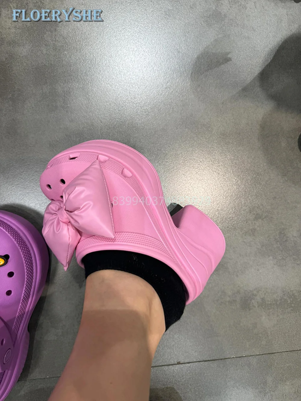 

Thick Heel Bowknot Slippers Hole Shoes For Women 2024 Summer New Casual Outdoor Platform Pink Sliver Fashion Daily Height