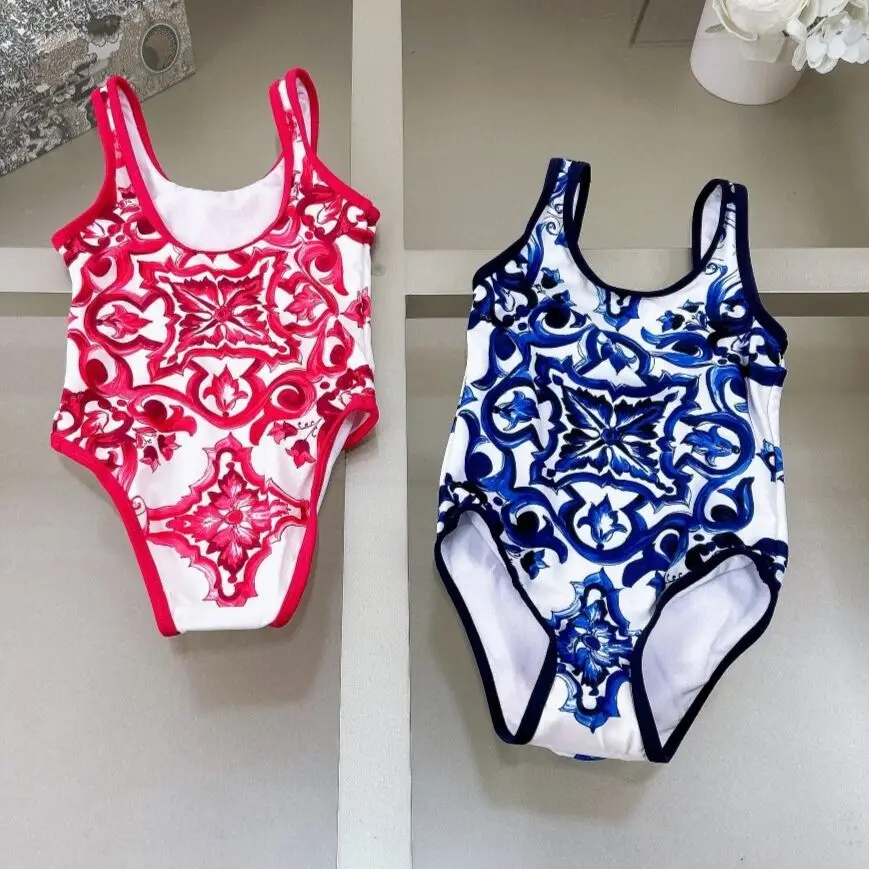 Girls classic style blue and red patterned camisole jumpsuit  summer new girl's one-piece Timeless Classic Popular with swim hat