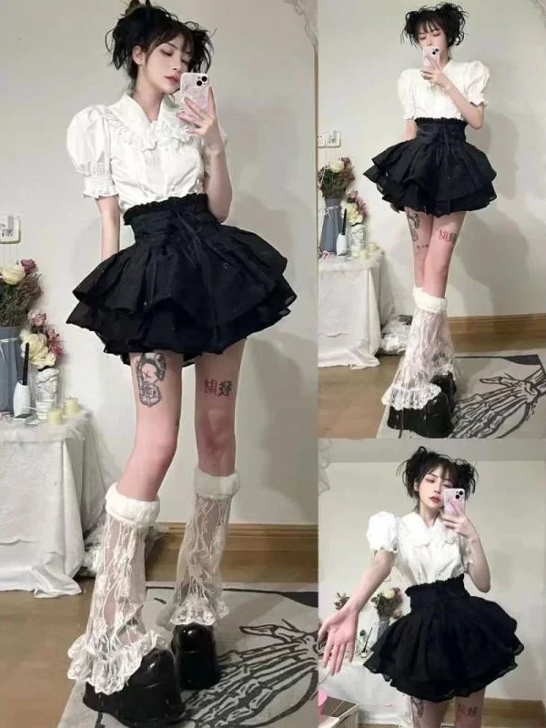 

Y2K Spicy Girl Bla Bowknot f-length A-line Skirt Women's Summer Punk Cake Skirt High Waist Denim Fabric Pure Color