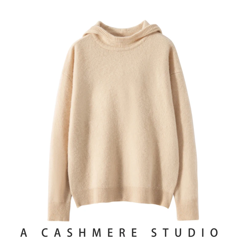 High-End Autumn Winter New Women 100% Cashmere Sweater Lady Solid Thickened Warm Hooded Knitted Pullover Outwear Girl Clothing