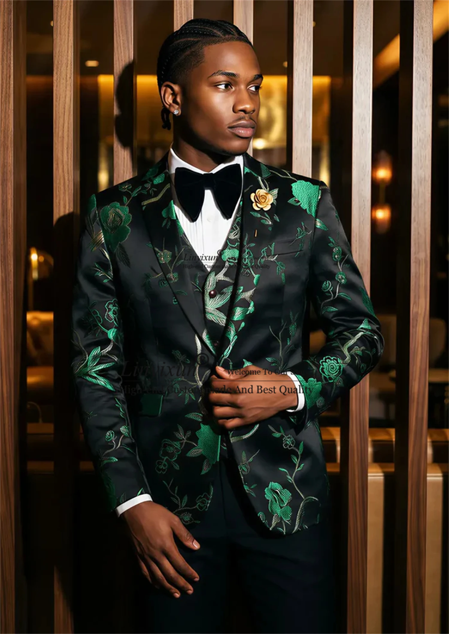 Men's 3-Piece Forest Green Tuxedo Notched Lapel Groom Tuxedo Outfit Set Embroided Flower Fashion Print Jacquard Wedding Tuxedos