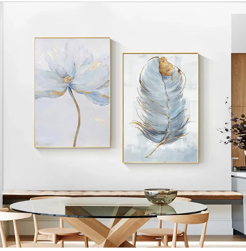 Nordic Modern Aesthetics Wall Art Blue Feather Flower Abstract Oil Poster and Print Home Bedroom Living Room Decoration Gift
