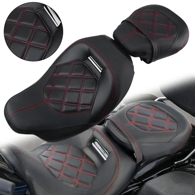 

Motorcycle Red Stitching Low-Profile Two-up Seat For Harley Touring CVO Street Glide Road King Special Classic 2008-2023