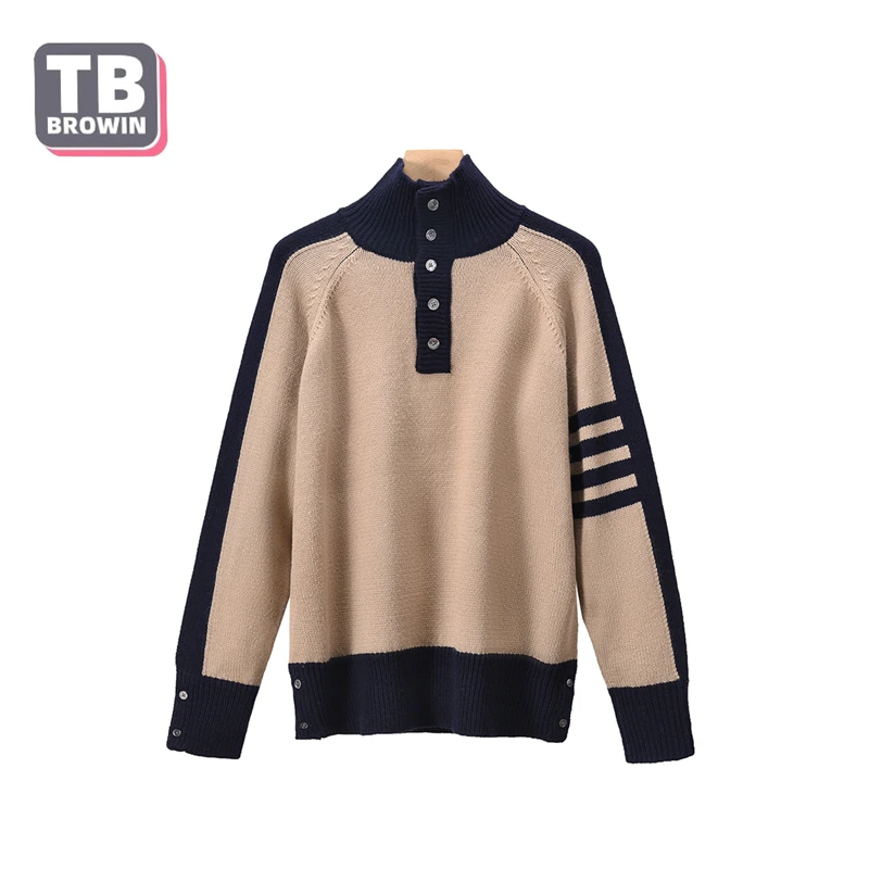 

TB Men's Cardigan Sweater Casual Knitted Coat high collar Autumn Contrasting Color Four-Bar Wool Stripes