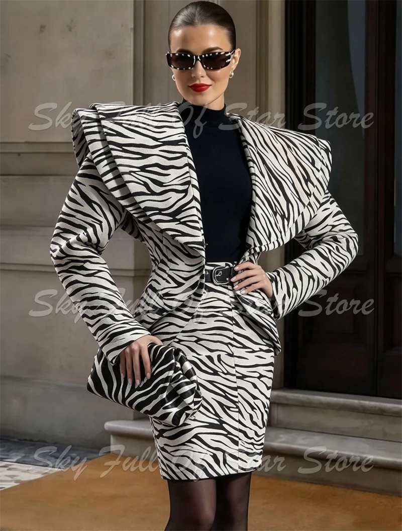 Zebra Print Women Suit Set 2 Pcs Oversized Lapel Fitted Blazer+Pencil Skirt Custom Formal Business Evening Party Lady Outfit