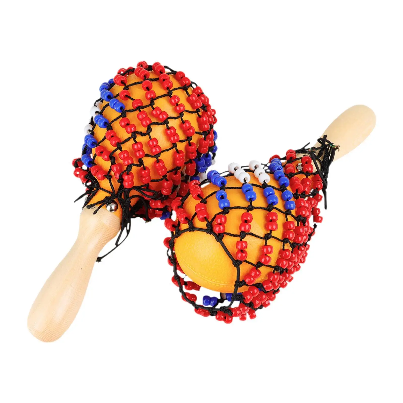 

2x Wooden Maracas Sand Hammers DIY Bead Net Hand Percussion Musical Instrument for Birthday Performance KTV Gathering Concert