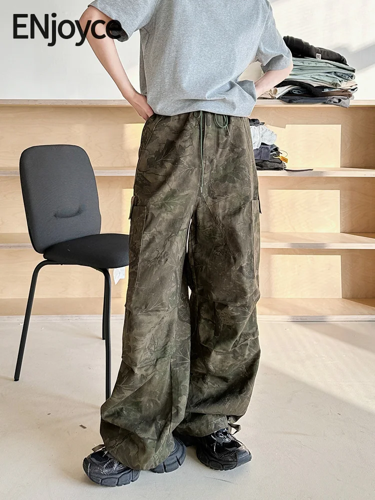 

ENjoyce Women Leaf Camouflage Straight Pants Y2K Streetwear American Hip-hop High Waist Loose Wide Leg Cargo Trousers Spring