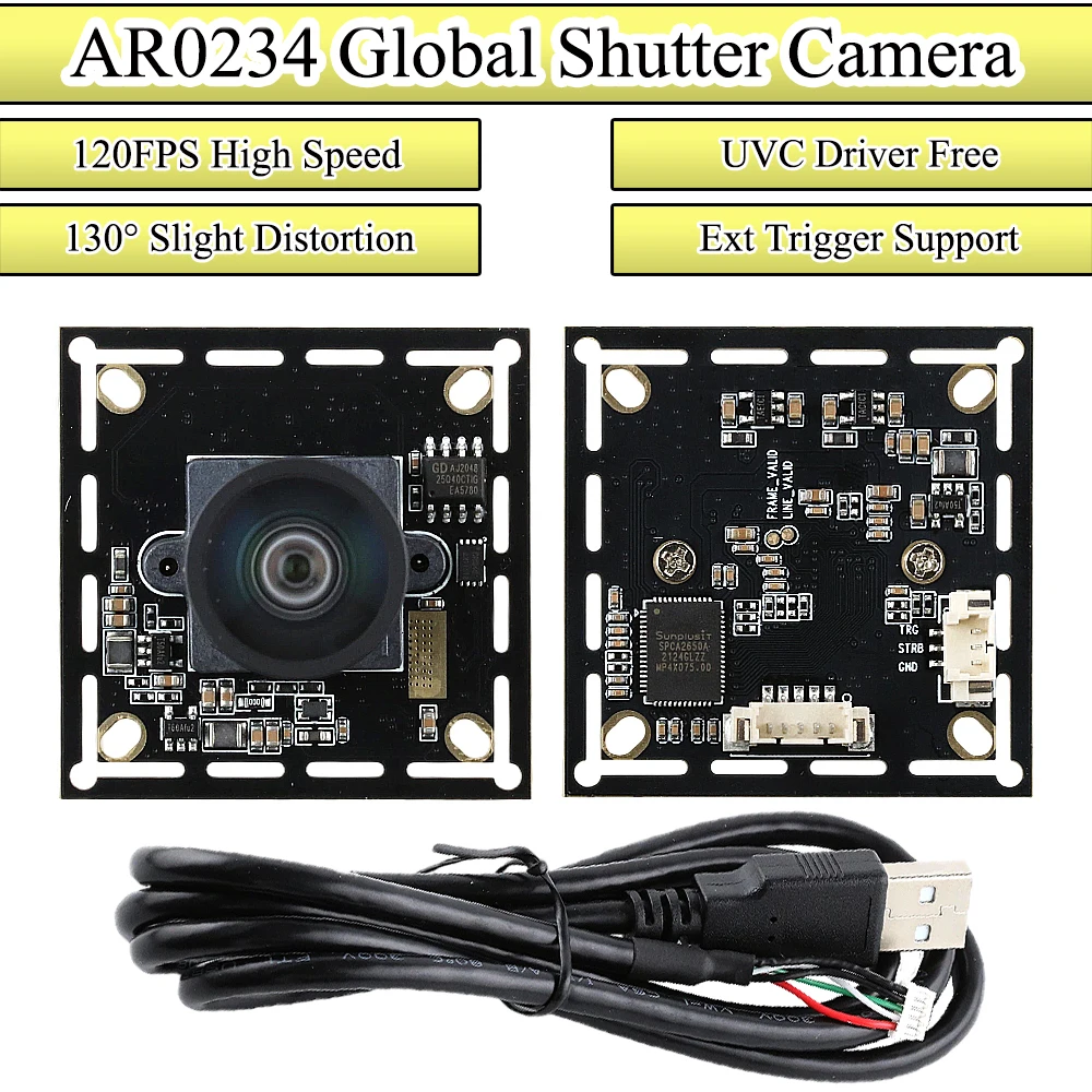 AR0234 120FPS Global Shutter USB Industrial Camera Module 1080P 90FPS UVC Driver Free Ext Trigger 130 Degree Slight Distortion