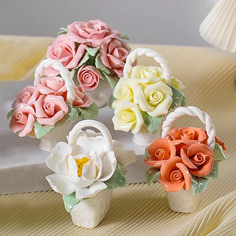 

Handmade Ceramic Flowers Basket Floral Small Ornament Home Decoration Simulated Flower Ornament Desk Decoration Ceramic Gifts