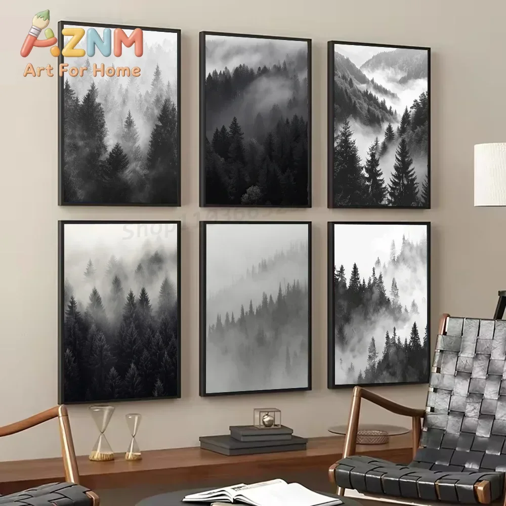 1pc Black And White Tree Foggy Forest Landscape Poster Self-adhesive Art Waterproof Paper Sticker Wall Decor
