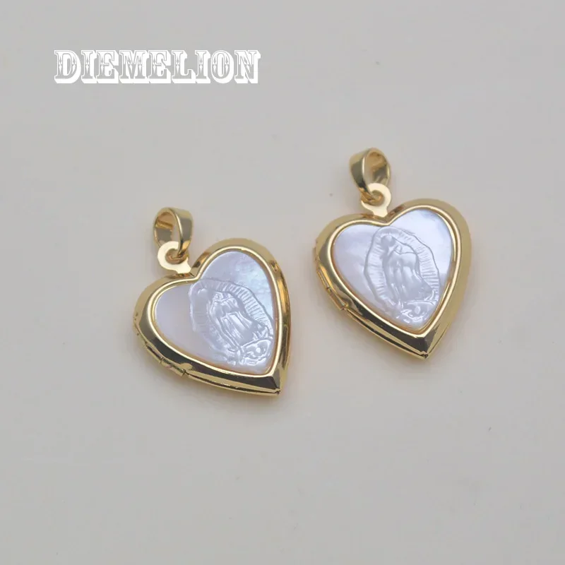 Fashion Virgin Mary Medal MOP Shell Pendant Gold Plated Peach Heart Shaped Photo Picture Frame Openable Locket Necklace Jewelry
