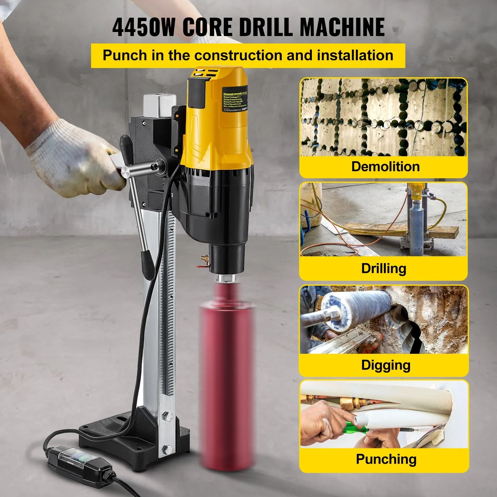 4450W Diamond Core Drill Rig Wet Dry Variable Speed Diamond Core Drill Drilling Machine Ø 255mm with Stand