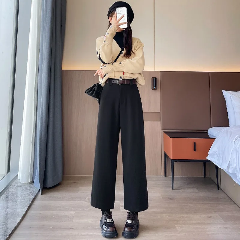 

Autumn Winter Fleece Thick Wide Leg Women Simplicity Office Lady Solid Color Straight Fashion All-match Trend Casual Suit Pants