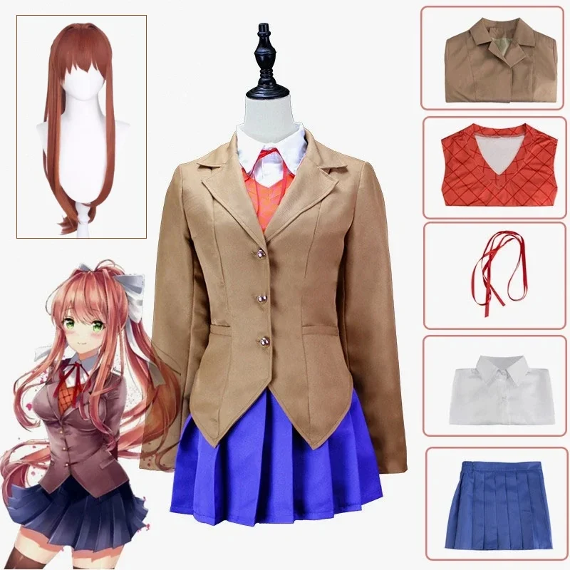 Personalizado anime doki doki literatura clube monika cosplay sayori yuri natsuki cosplay traje escola feminino uniforme marrom saia peruca