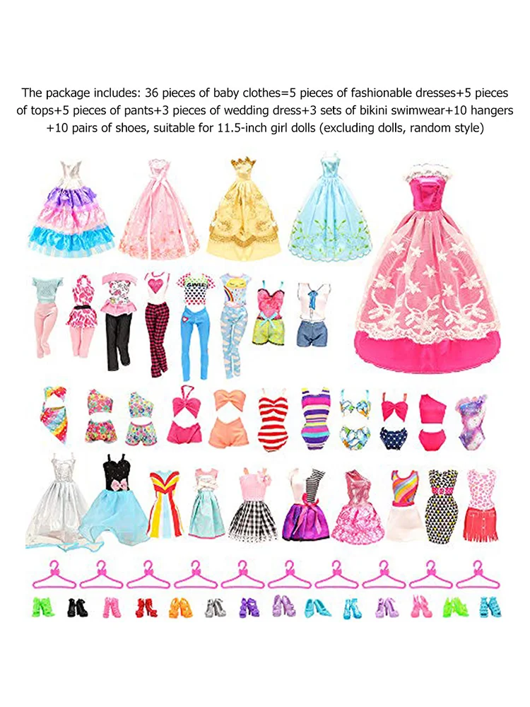 36pcs Doll Dressup Dress Polyester Doll Decorative Skirt Props Fairy Collection Clothes Random Style for Changing Clothes Game