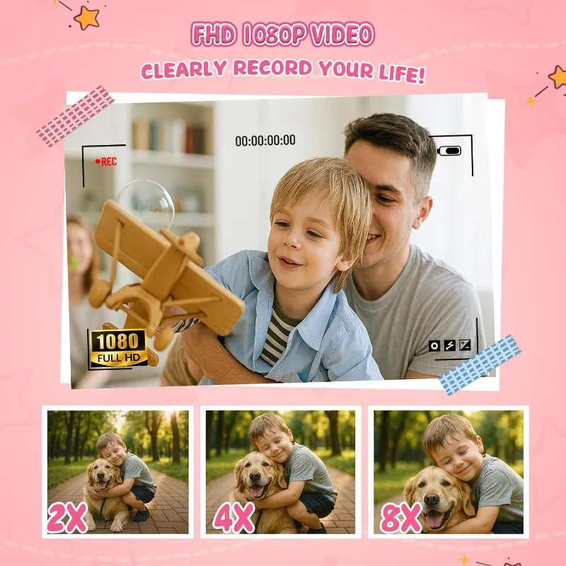 กล้องดิจิตอลสำหรับเด็ก FHD 1080P กล้องดิจิตอลแบบพลิกได้ 180 องศา °   หน้าจอพร้อมรองรับกล้องเซลฟี่วิดีโอ, กล้องคอมแพ็คพร้อมแฟลช