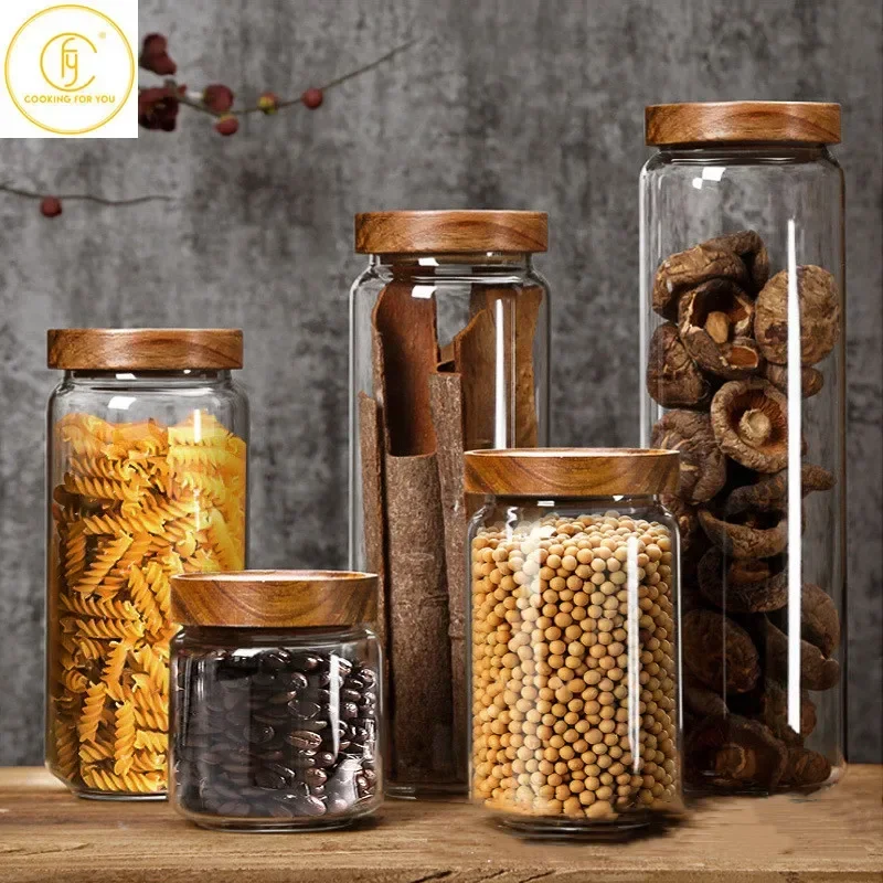 350/650/950/1250/1550ml Round Food Storage Glass Jar sealed with Wooden  Lid Coffee Beans Tea Grains noodles Snacks glass bottle