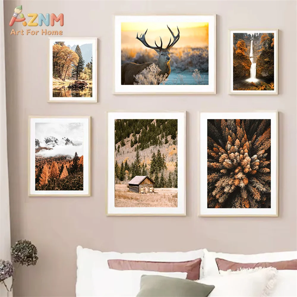 AZNM Autumn Forest Scenery Canvas Wall Art Fall Mountain Waterfall Railway Castle Cabin Nature Landscape Farmhouse Unframed Canv