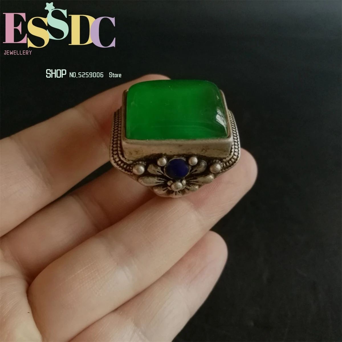 Antique Qing Dynasty Silver Inlaid With Emerald Ring Fashion High Ice Sun GreenSquare Face Handmade Exquisite Living Jewelry