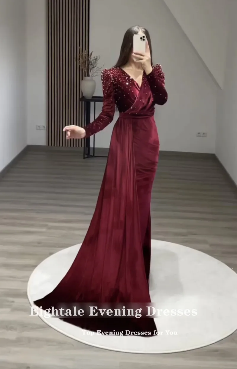 Eightale Velvet Evening Dress for Wedding Party V-Neck Beaded Sexy Side Slit Mermaid vestidos otoño invierno Burgundy Prom Gowns