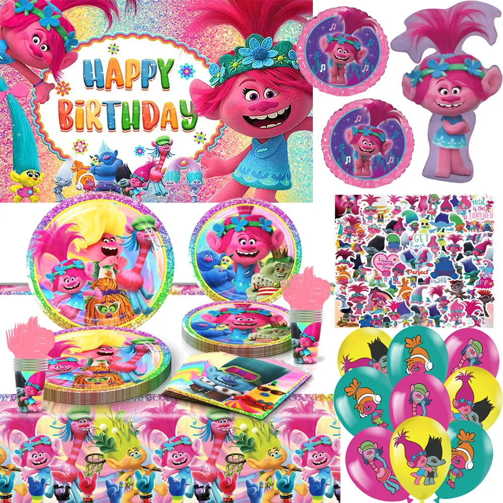 Trolls Balloons Fairy Girl Troll Rose Hair Elves Ballons Party Happy Birthday Banner Cake Topper Background Stickers Tableware