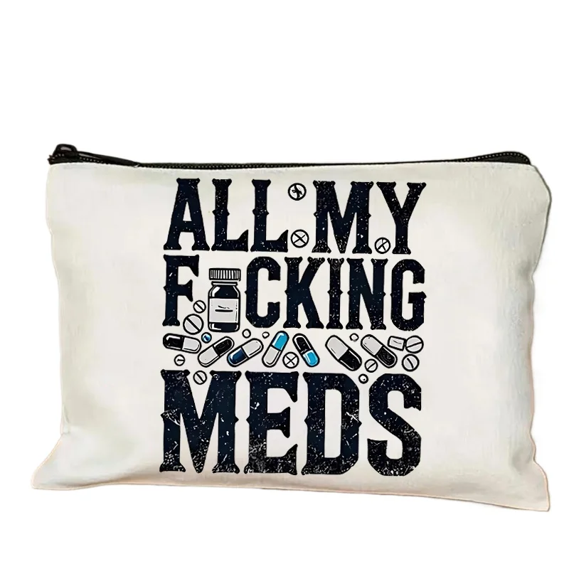 All My Meds Pattern Bag Medicine Printing Medicine Bag Zipper Coin Purse Travel Miscellaneous Office Supplies Pen Bag Pills Bags