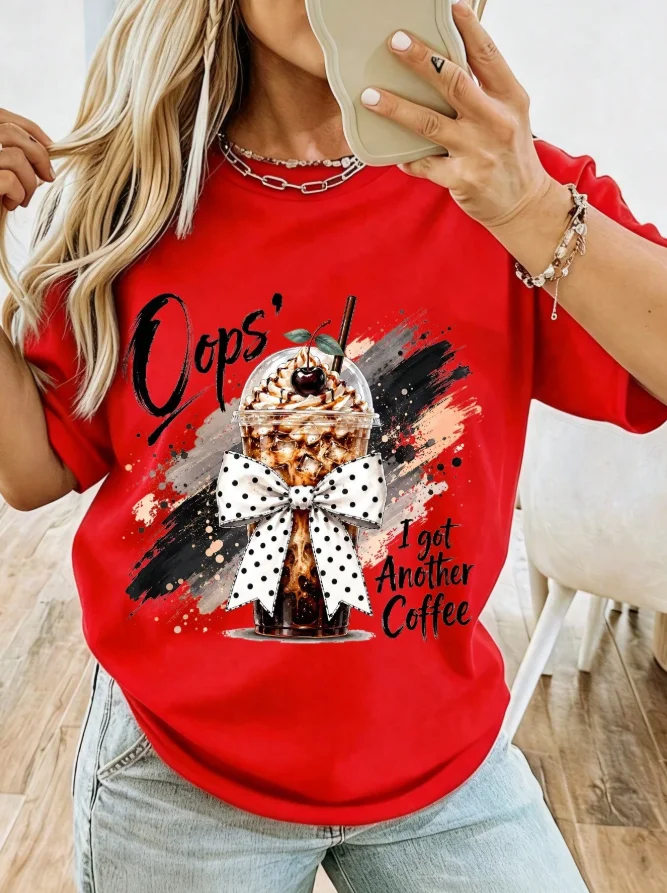 2026 New Fashion Women Crew Neck Printed T-Shirt Oops I Got Another Iced Coffee Theme Print Soft Breathable Comfort Vintage Autumn Stylish Casual Tops Basic Top T-Shirt
