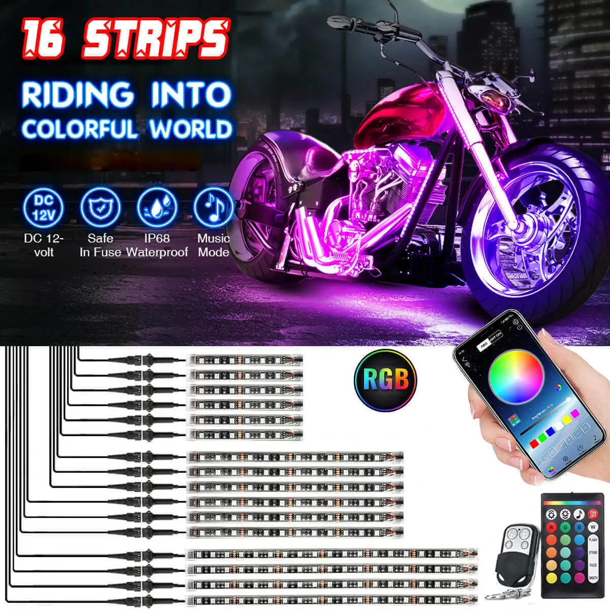 16PCS Motorcycle Underglow LED Light Kit Waterproof RGB Neon Accent Light Kit RF & APP Control for Harley Honda Kawasaki Suzuki