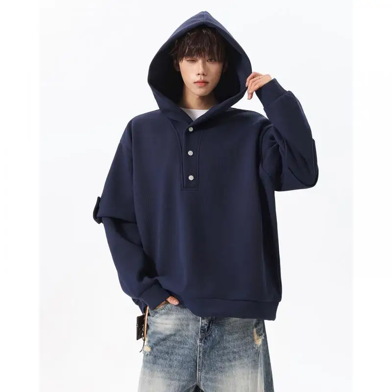 M-XXXXXL Plus Size Men's Waffle Knit Henley Hoodie Oversized Button Down Sweatshirt Casual Streetwear Long Sleeve Pullover 2026