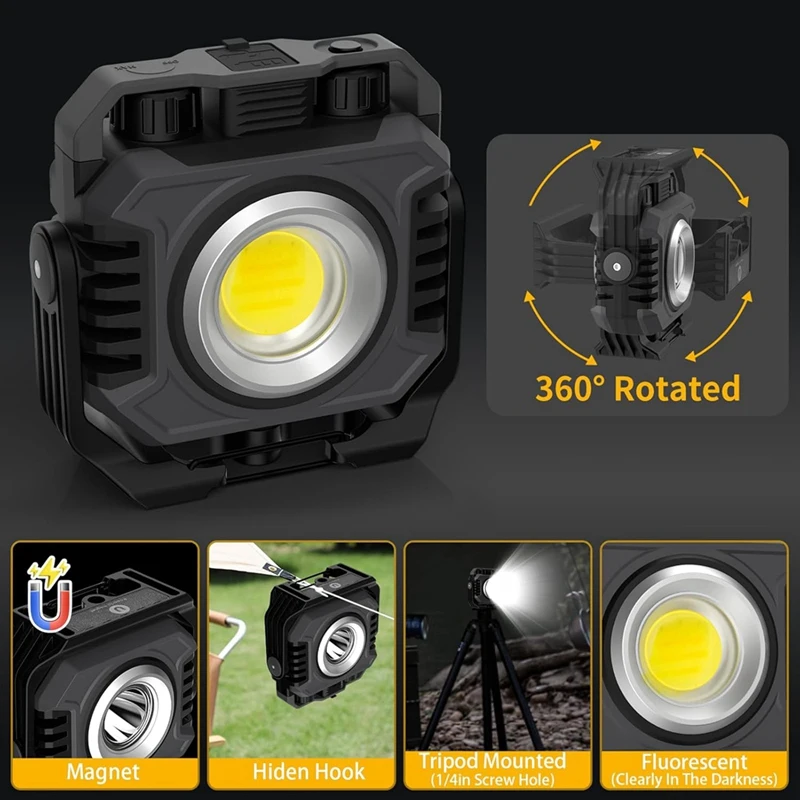 LED Work Light, 5000Mah IP66 Waterproof Worklight COB Magnetic Outdoor Camping Tent Light For Emergency, Repair