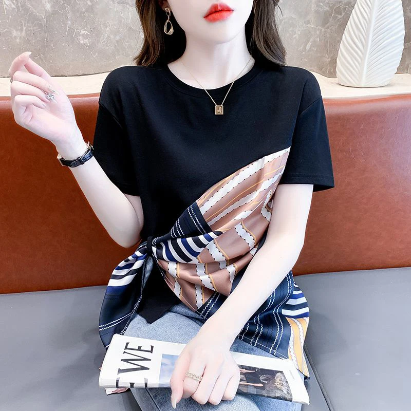 Estate New O Neck sciarpa di seta irregolare Patchwork Trend Fashion Tees donna allentata Casual All-match pullover t-shirt da donna