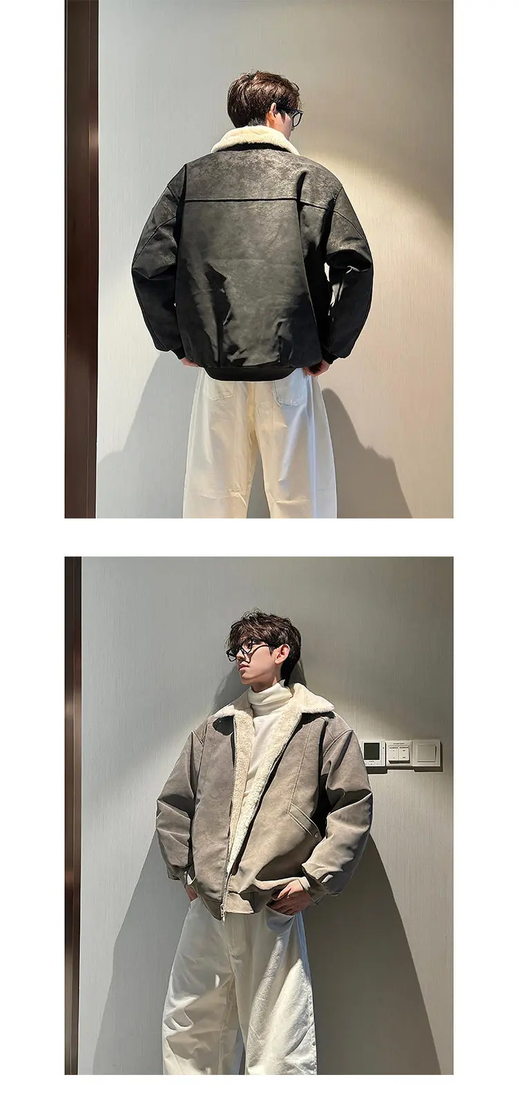 Winter Maillard Fleece Lined PU Leather Puffer Jacket Men's Thick Warm Couple Coat