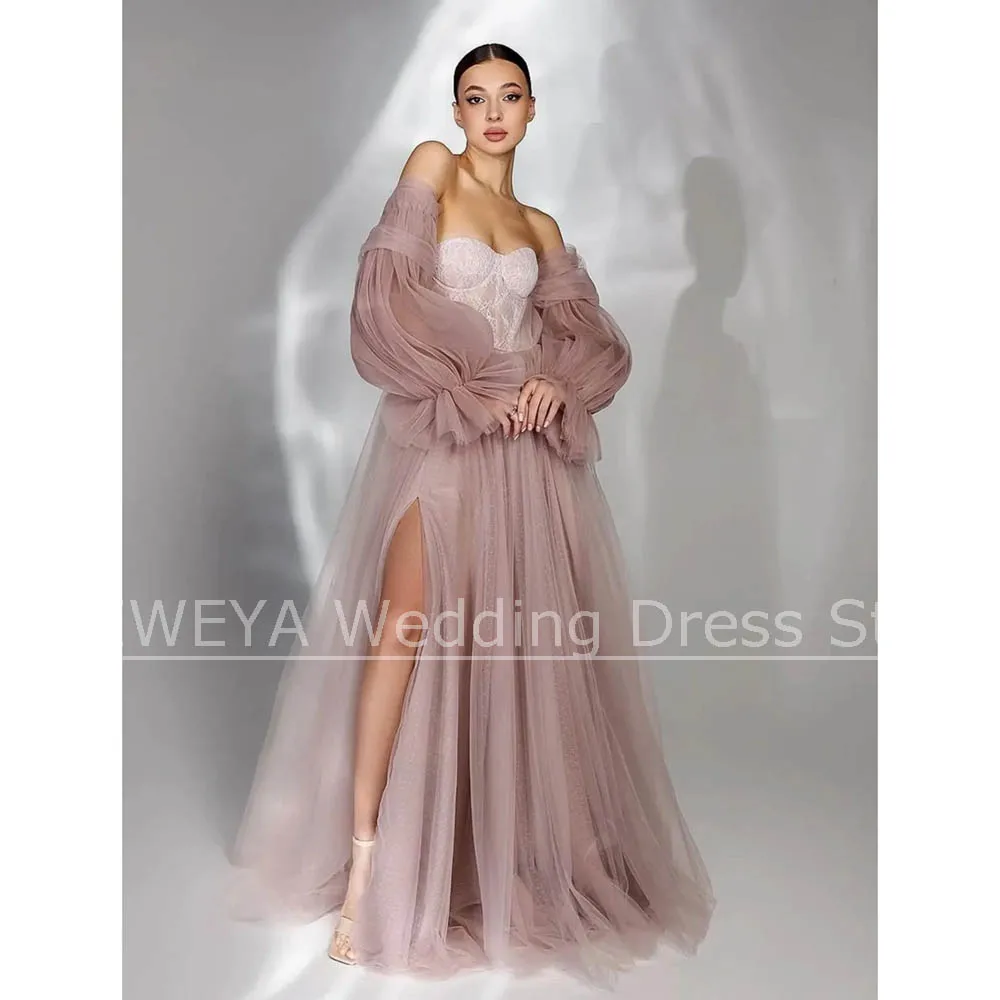 Altrosa schulterfreies Abendkleid mit Puffärmeln, Tüll, A-Linie, hoher Schlitz, formelles Partykleid, anpassbares Luxus-Abschlussballkleid