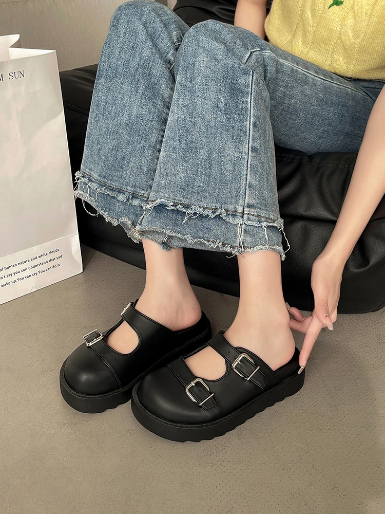 Mules For Women 2024 Loafers Low Female Shoes Cover Toe Ladies' Slippers New Denim Summer Slides Fabric Rubber Scandals Hoof Hee