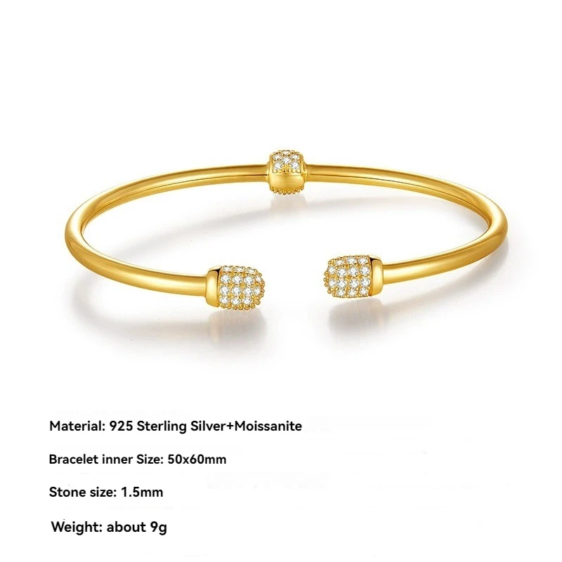 

925 Sterling Silver Full 1.5mm Moissanite Women's Bracelet - Gold Plated Wedding Open Cuff Bangle & Engagement Bridal Jewelry