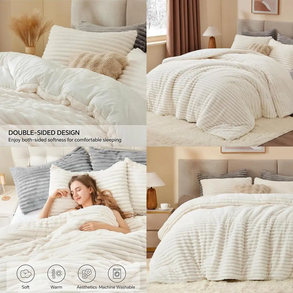

Ultra Soft & Cozy Cream White Fluffy Comforter Set with 2 Pillowcases, Plush Luxury Bedding for Chilly Winter Nights
