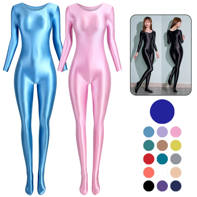 

MJINM Women Sexy Smooth One Piece Bodysuits Glossy Sportswear Satin Running Yoga Sports Overalls Tights Cosplay Zentai Jumpsuits