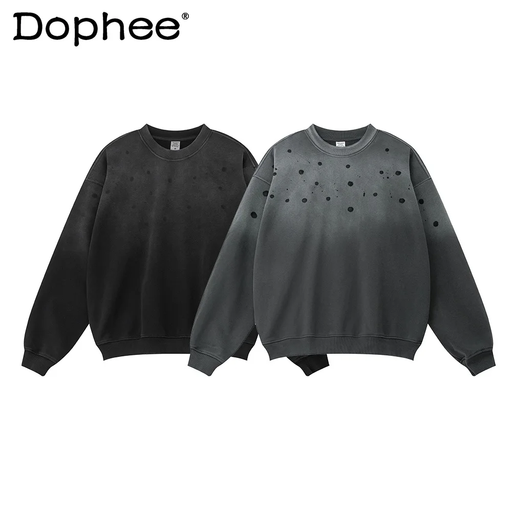 

Fashion 2024 Autumn Polka Dot Splashing Ink Gradient Round Neck Sweatshirts Men's Shoulder Oversize Trend Long Sleeve Sweatshirt