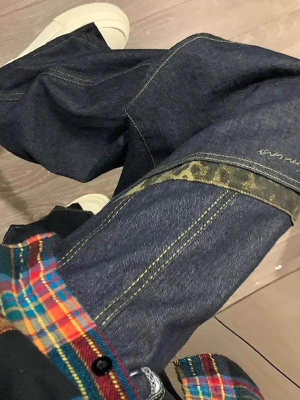 

plus Size High Waist Wide Leg Jeans Women's Loose Fit Washed Camouflage Leopard Print Patchwork Denim Pants Casual Style