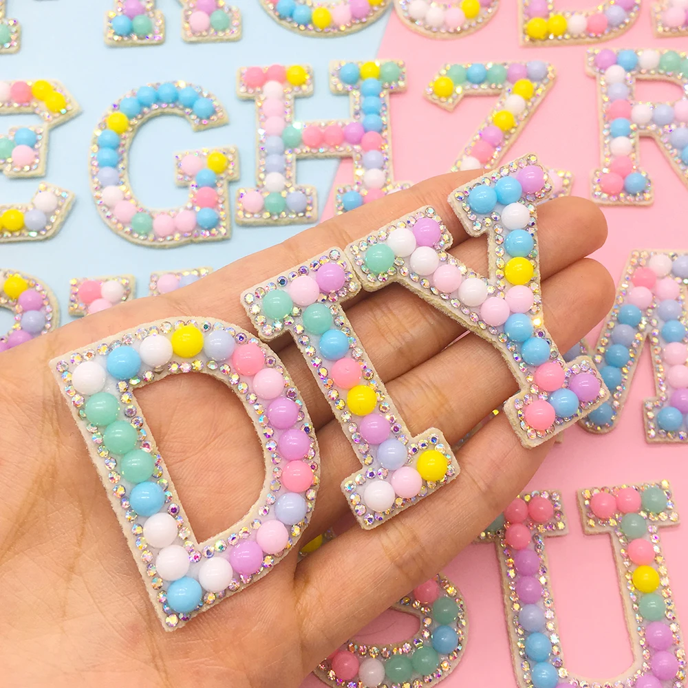 26pcs 1set A-Z Alphabet Pearl Letter Patches Iron-on Rhinestone Diamond Garment Hats Bags Applique DIY Macaroon Accessories