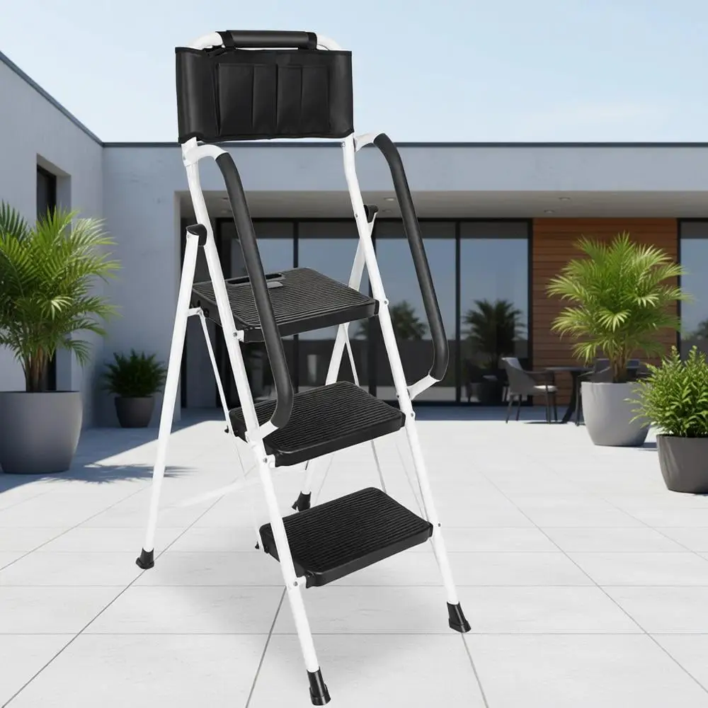 

Трехступенчатая лестница грузоподъемностью 500 фунтов с поручнями и съемной сумкой для инструментов, широкими нескользящими ступенями, идеально подходит для дома или офиса, белая.