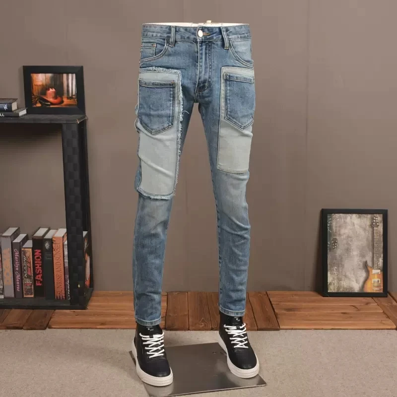 Fashion Streetwear Men Jeans Retro Blue Stretch Slim Fit Spliced Designer Ripped Jeans Men Multi Pockets Hip Hop Pants Hombre