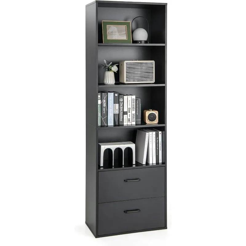 4-Tier Bookcase with Drawers - Freestanding Narrow Bookcase with Anti-Tipping Kits, Wood Open Storage Display Cabinet, CD Racks