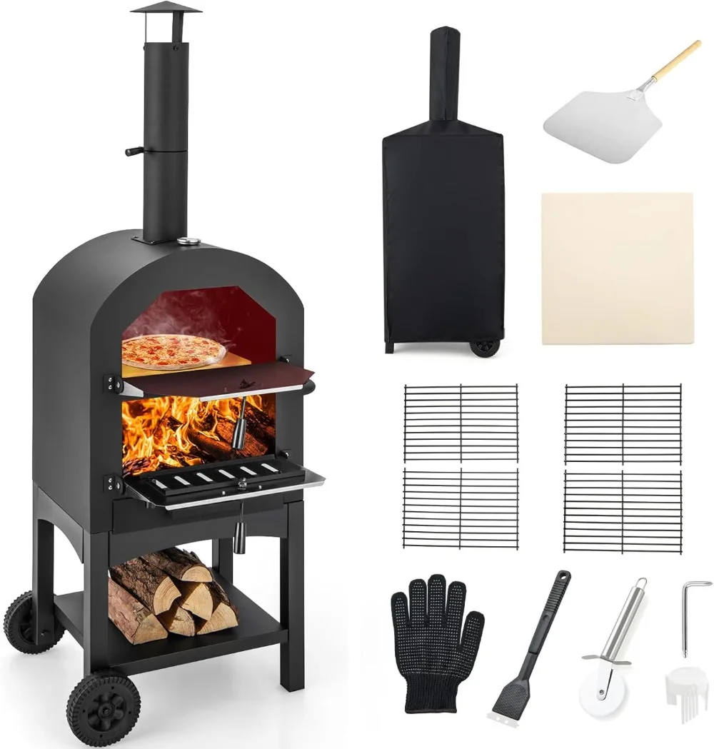 Giantex Pizza Oven Outdoor, Wood Fired Pizza Oven with Stone, Peel, Waterproof Cover, Cooking Grids, Maker