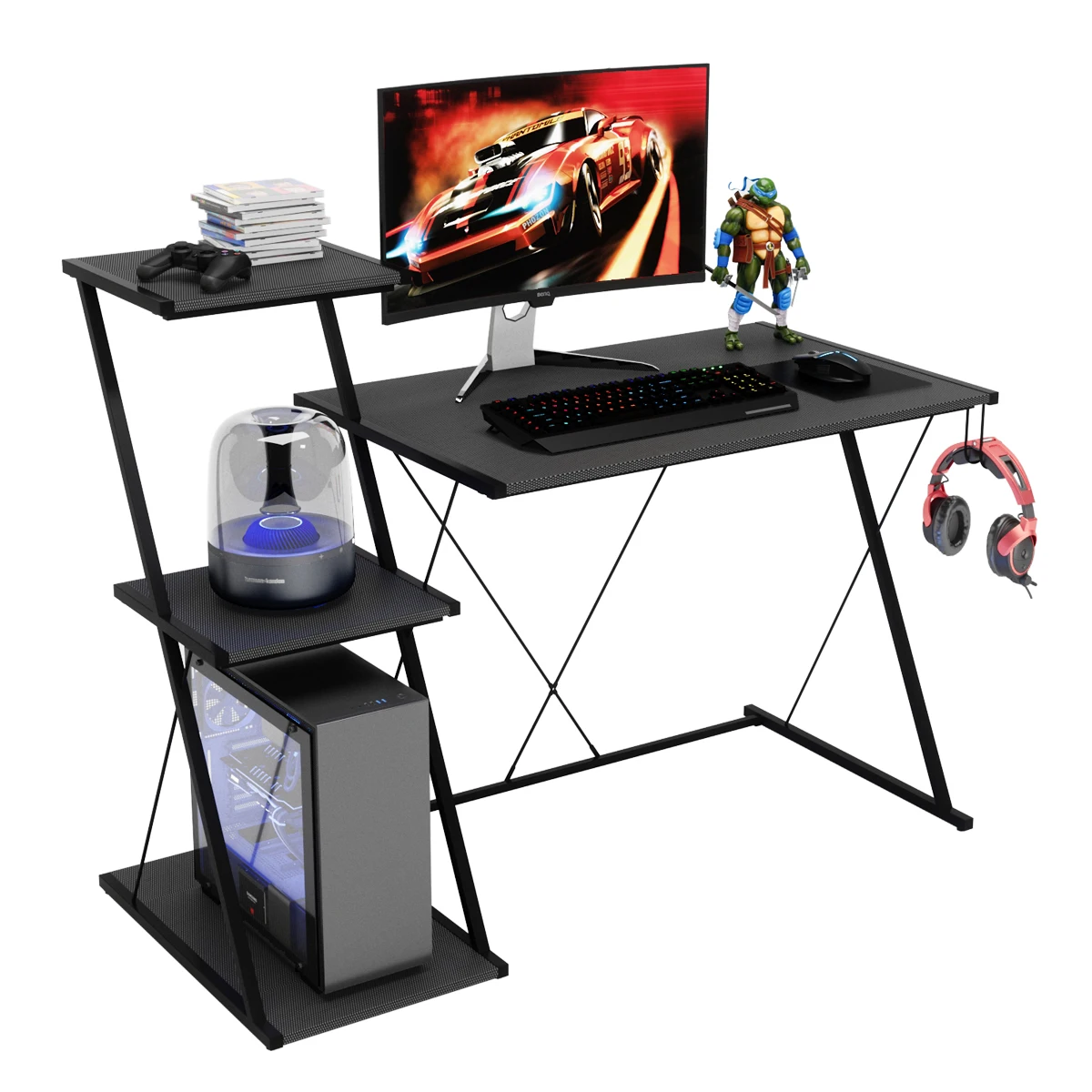 RGB Gaming Computer Desk 51.5 Inches, With Three Storage Shelves And Headphone Hooks, Suitable For Student Desks In Home Offices