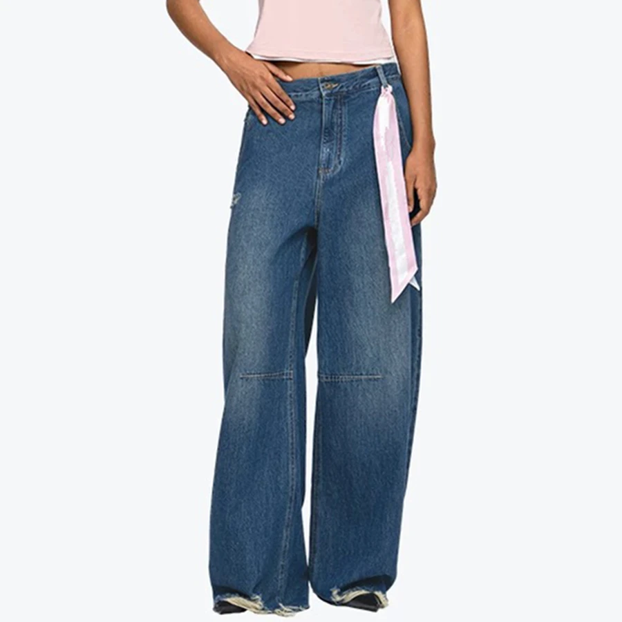 Maxdutti Minimalist Women's Denim Pants High Waist Hip Lifting Loose Edge Curved Knife Loose Boyfriend Jeans Wide Leg Jeans 2026