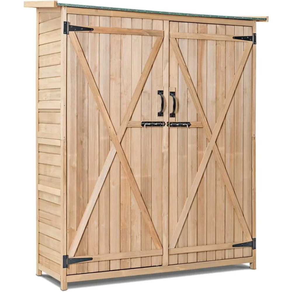 Outdoor Storage Cabinet, Wooden Garden Shed with Double Lockable Doors & Lean-to Roof, Vertical Tool Organizer